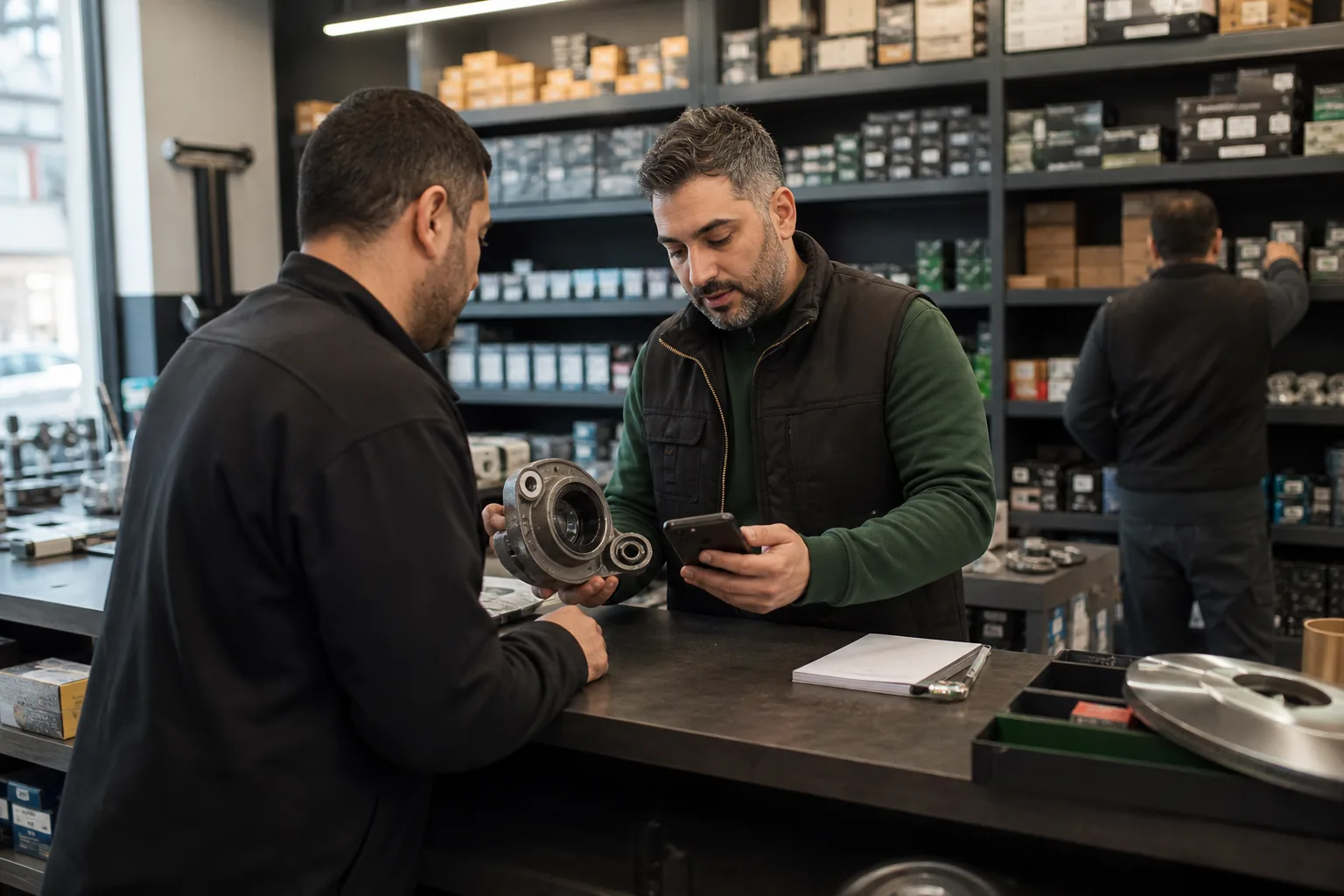 Specialists matching products in an automotive parts store