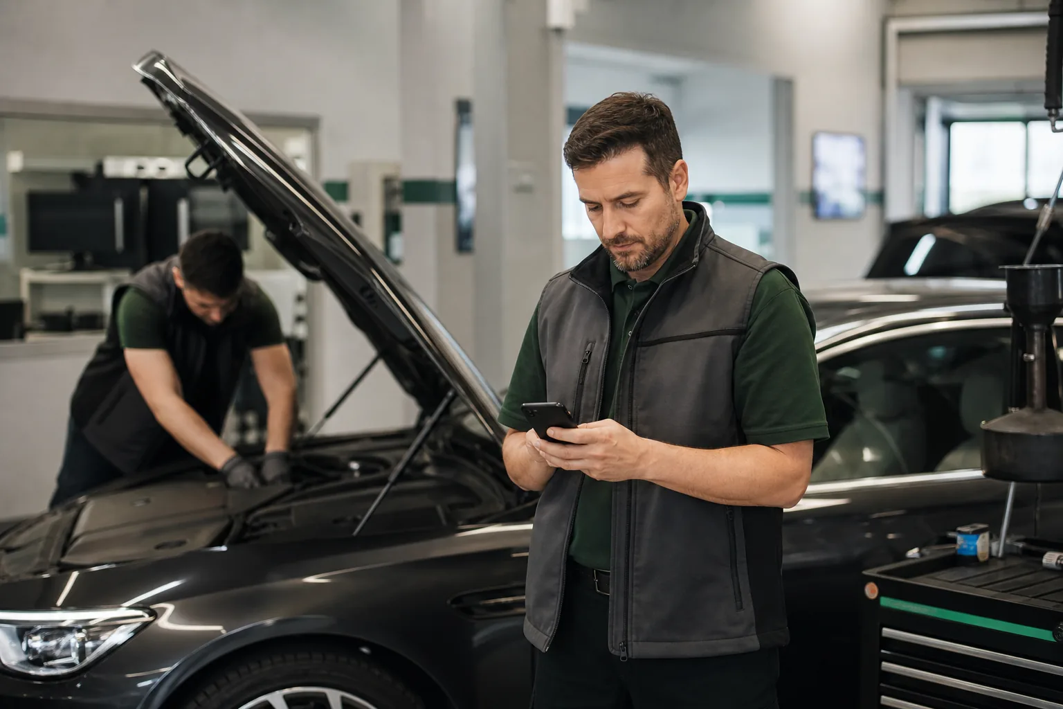 Modern otomotiv servisinde müşteri talebini kontrol eden servis danışmanı