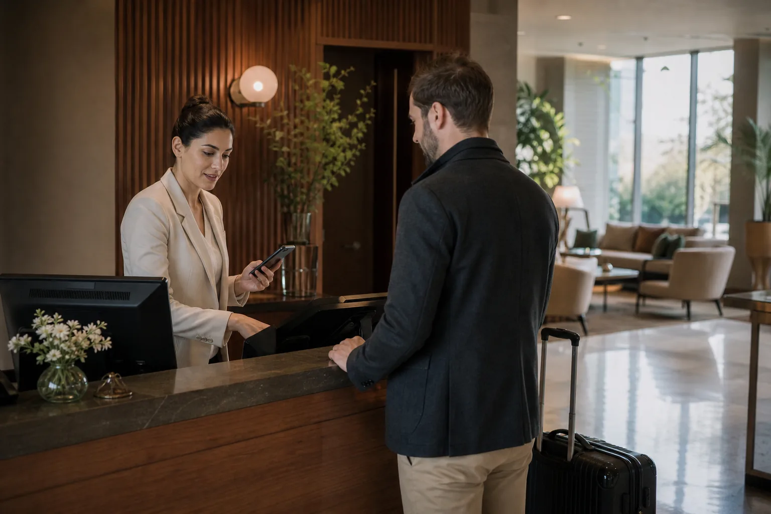 Hotel reception team managing a guest reservation