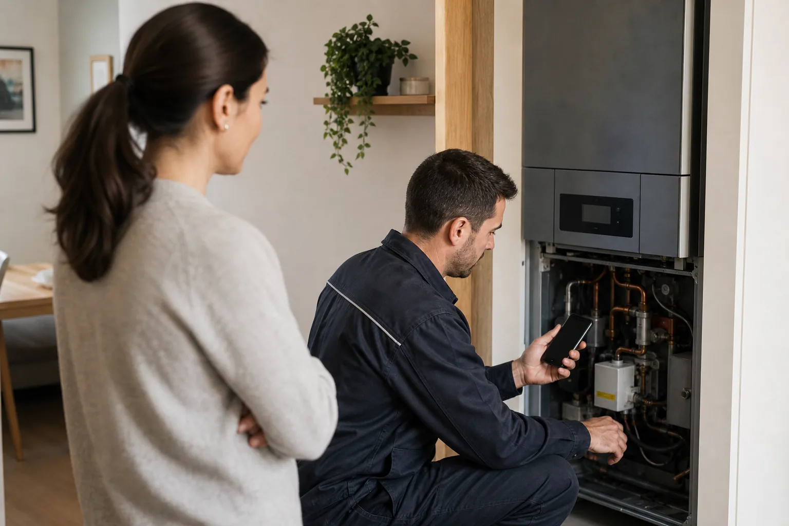 Maintenance specialist reviewing a technical service request on site